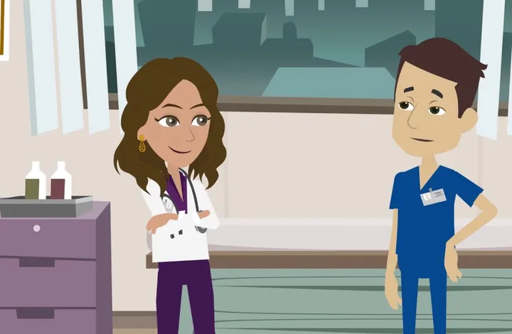 Escena de la WEBserie: una doctora conversa en una sala de atención.